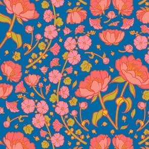 Peonies and Hollyhocks Folk Floral on Blue - Medium