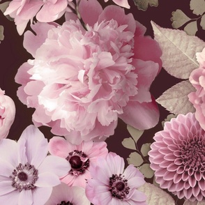 Pastel Pink Pattern Of Roses And Peonies On Burgundy Background