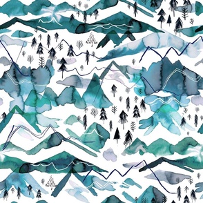 Mountain landscape Watercolor Teal