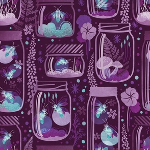 Normal scale // Glowing in the moss // purple background jars with lightning fireflies bugs quirky whimsical and bioluminescence lampyridae beetles