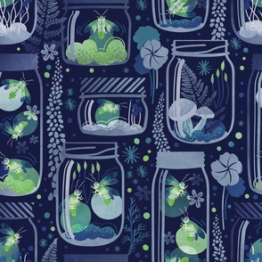 Normal scale // Glowing in the moss // blue background jars with lightning fireflies bugs quirky whimsical and bioluminescence lampyridae beetles