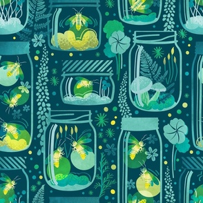 Normal scale // Glowing in the moss // teal background jars with lightning fireflies bugs quirky whimsical and bioluminescence lampyridae beetles