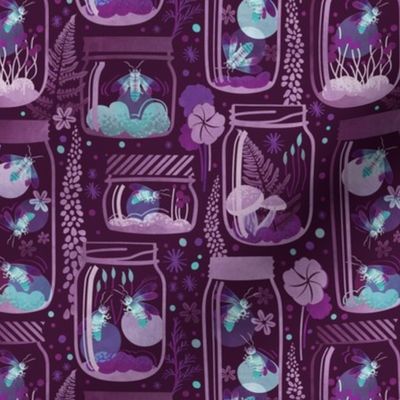 Small scale // Glowing in the moss // purple background jars with lightning fireflies bugs quirky whimsical and bioluminescence lampyridae beetles