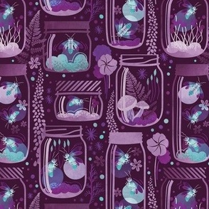 Small scale // Glowing in the moss // purple background jars with lightning fireflies bugs quirky whimsical and bioluminescence lampyridae beetles