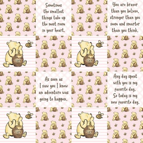 Bigger Scale Patchwork 6" Squares Classic Pooh in Pale Pink with Storybook Quotes for Cheater Quilt or Blanket