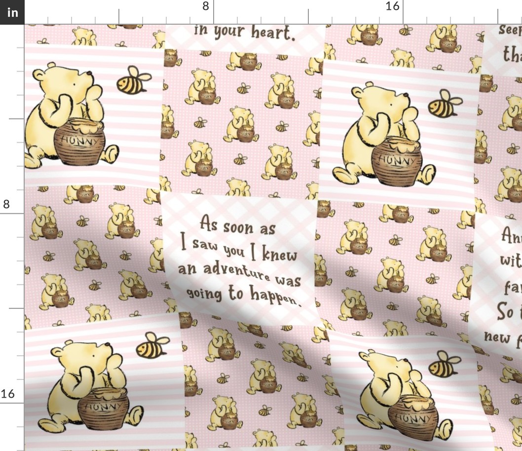 Bigger Scale Patchwork 6" Squares Classic Pooh in Pale Pink with Storybook Quotes for Cheater Quilt or Blanket
