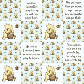Bigger Scale Patchwork 6" Squares Classic Pooh in Pale Blue with Storybook Quotes for Cheater Quilt or Blanket