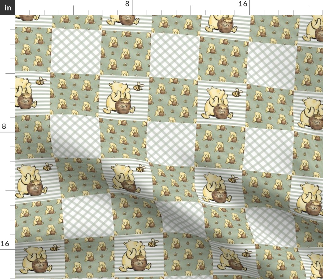 Smaller Scale Patchwork 3" Squares Classic Pooh in Sage Green for Cheater Quilt or Blanket