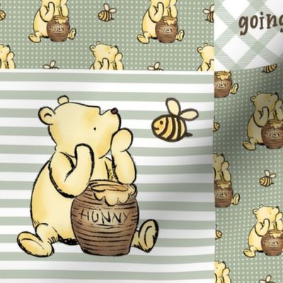 Bigger Scale Patchwork 6" Squares Classic Pooh in Sage Green with Storybook Quotes for Cheater Quilt or Blanket