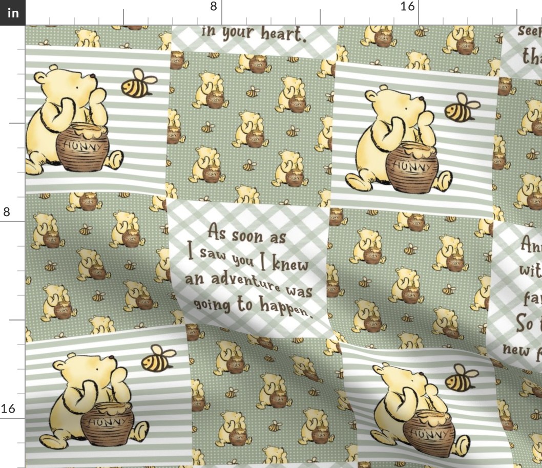 Bigger Scale Patchwork 6" Squares Classic Pooh in Sage Green with Storybook Quotes for Cheater Quilt or Blanket