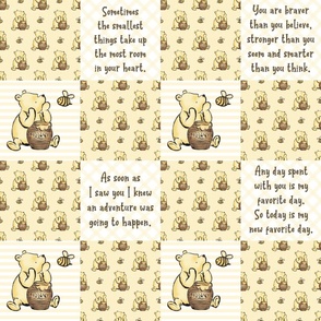 Bigger Scale Patchwork 6" Squares Classic Pooh in Soft Golden Yellow with Storybook Quotes for Cheater Quilt or Blanket