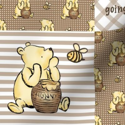 Bigger Scale Patchwork 6" Squares Classic Pooh in Soft Brown with Storybook Quotes for Cheater Quilt or Blanket