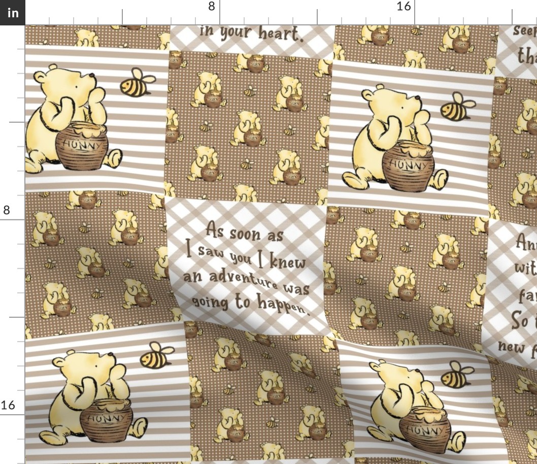 Bigger Scale Patchwork 6" Squares Classic Pooh in Soft Brown with Storybook Quotes for Cheater Quilt or Blanket