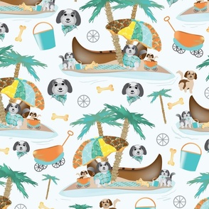 Paradise Island Puppies,  Doodle Dogs, MED SCALE, 4200, v08—Tropical Doodle, Puppy, Dog, Pets On Vacation—Golden Doodle, Baby Boy, Baby Girl, kid, Cute, Cuter, Cutest Kids Sheets, Blanket, Gray, Brown, Tan, Beige, Palm Trees, Beach, Sand, Waves, Ocean, Ha