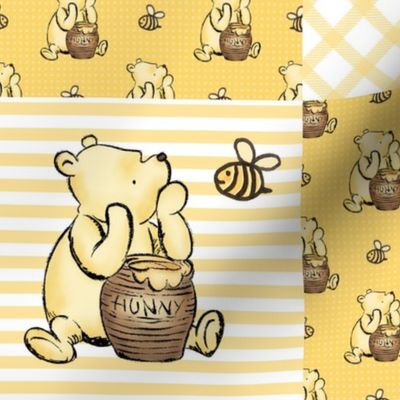 Bigger Scale Patchwork 6" Squares Classic Pooh in Yellow Gold for Cheater Quilt or Blanket