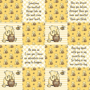 Bigger Scale Patchwork 6" Squares Classic Pooh in Yellow Gold with Storybook Quotes for Cheater Quilt or Blanket