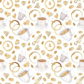  Coffee seamless watercolor pattern. Drawn by hands in watercolor