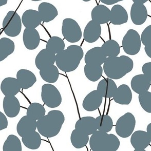 Floral Botanical Garden Leave Branch Hand-drawn in Grey Blue on Pure White Background in Modern Simple Clean Aesthetic for Upholstery, Wallpaper, and Timeless Home Décor with Neutral Color Palette