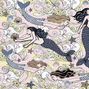 Mermaids swimming in a pink sea  of East Fork butter and pink piglet  with Blue Ridge and brown pottery 