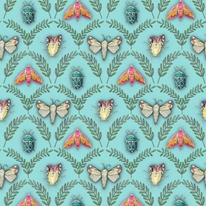  Picasso Bugs and Picasso Moths painted in Acrylic in a painterly style with leafy damask on a warm and tropical pale blue