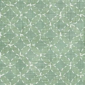 Sashiko Circles in Light Moss (large scale) | Hand stitched circles in traditional Japanese Shippo design, rustic sashiko stitching in neutral greens on a linen pattern, boho kantha quilt, Shippo-tsunagi.
