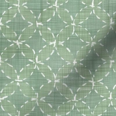Sashiko Circles in Light Moss (xl scale) | Hand stitched circles in traditional Japanese Shippo design, rustic sashiko stitching in neutral greens on a linen pattern, boho kantha quilt, Shippo-tsunagi.