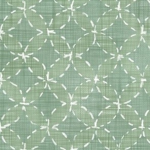 Sashiko Circles in Light Moss (xl scale) | Hand stitched circles in traditional Japanese Shippo design, rustic sashiko stitching in neutral greens on a linen pattern, boho kantha quilt, Shippo-tsunagi.