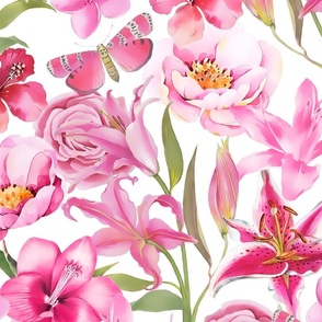 Lilies Peonies And Butterfly Botanical Pattern In Pastel Pink On White
