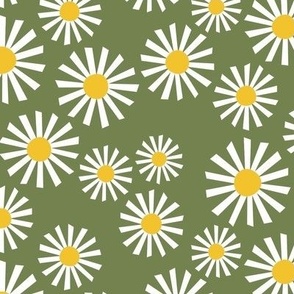 Daisy Delight - Fresh, Modern, Crisp White Daisies Scattered on a Grassy Green Background - Classic Floral Design - shw1007 c - large scale