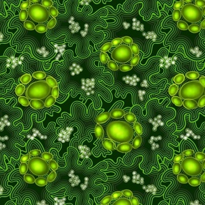 Glowing Mosses - L - Bryophites Shapes and Spores In Green, Dark Green, Yellow Green and White Tones, Ecology, Modern Abstract Botanical Design By 3H-Art Inspired by Nature, Mosses Plants