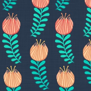 Woodblock Tulips in Peach on Navy Blue - XL