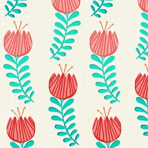 Woodblock Tulips in Red and Teal on Beige - XL