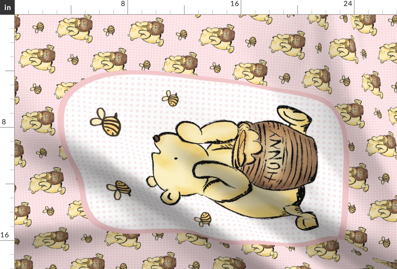 Large 27x18 Fat Quarter Panel Classic Winnie The Pooh Hunny Pot on Pale Pink for Wall Hanging or Tea Towel