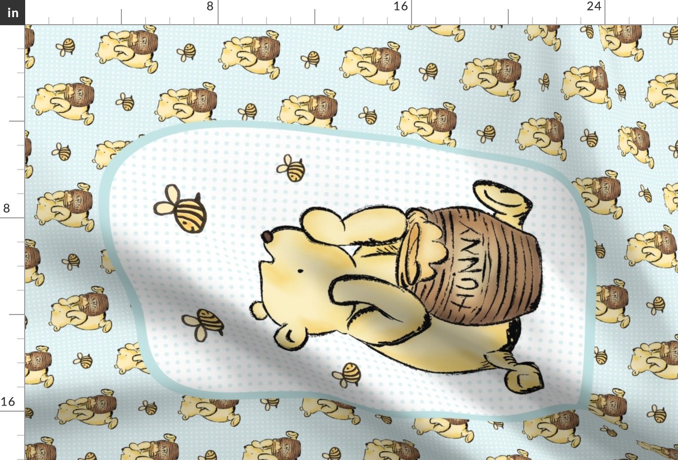 Large 27x18 Fat Quarter Panel Classic Winnie The Pooh Hunny Pot on Pale Blue for Wall Hanging or Tea Towel