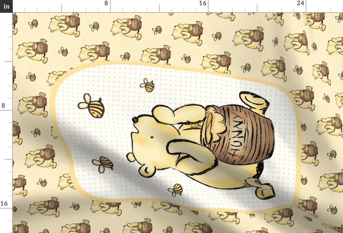 Large 27x18 Fat Quarter Panel Classic Winnie The Pooh Hunny Pot on Soft Golden Yellow for Wall Hanging or Tea Towel