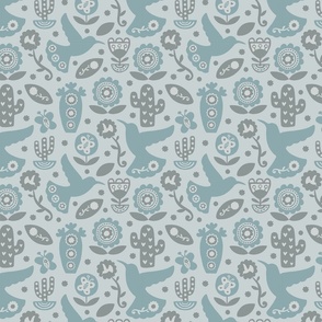 Hummingbird and cactus - muted blues and greys