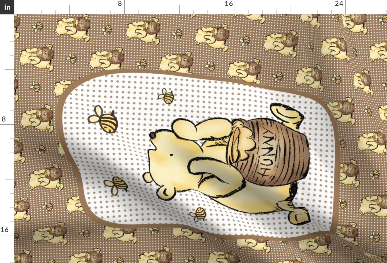 Large 27x18 Fat Quarter Panel Classic Winnie The Pooh Hunny Pot on Soft Brown for Wall Hanging or Tea Towel