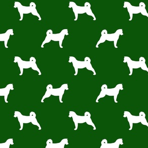 Akita Dog in White Silhouette on Solid Hunter Green 