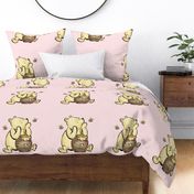 18x18 Panel Classic Pooh and Hunny Pot on Pale Pink for DIY Throw Pillow Cushion Cover or Lovey
