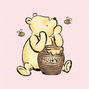 18x18 Panel Classic Pooh and Hunny Pot on Pale Pink for DIY Throw Pillow Cushion Cover or Lovey