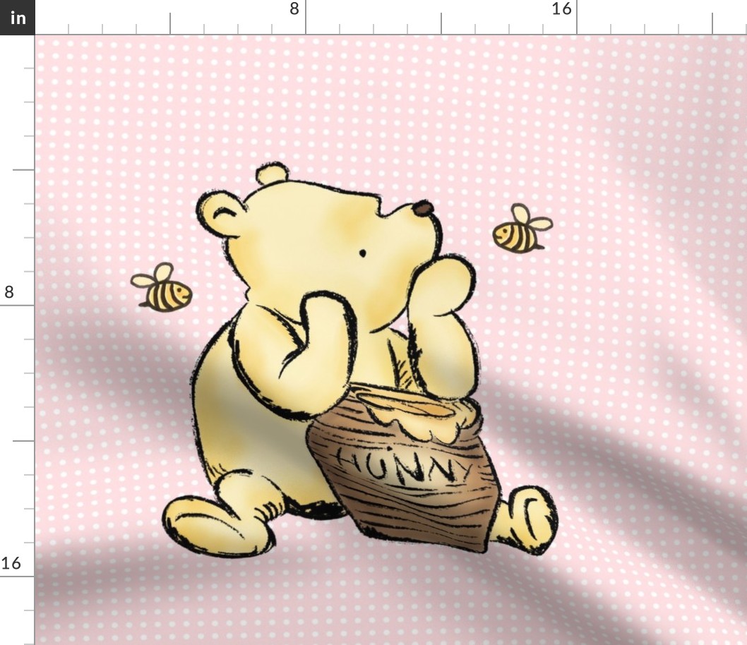 18x18 Panel Classic Pooh and Hunny Pot on Pale Pink for DIY Throw Pillow Cushion Cover or Lovey