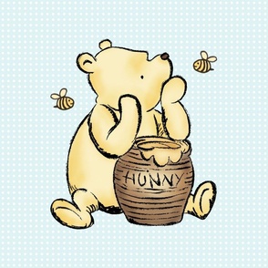 18x18 Panel Classic Pooh and Hunny Pot on Pale Blue for DIY Throw Pillow Cushion Cover or Lovey