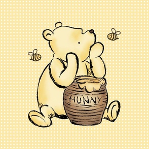 18x18 Panel Classic Pooh and Hunny Pot on Soft Golden Yellow for DIY Throw Pillow Cushion Cover or Lovey
