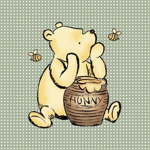 18x18 Panel Classic Pooh and Hunny Pot on Sage Green for DIY Throw Pillow Cushion Cover or Lovey