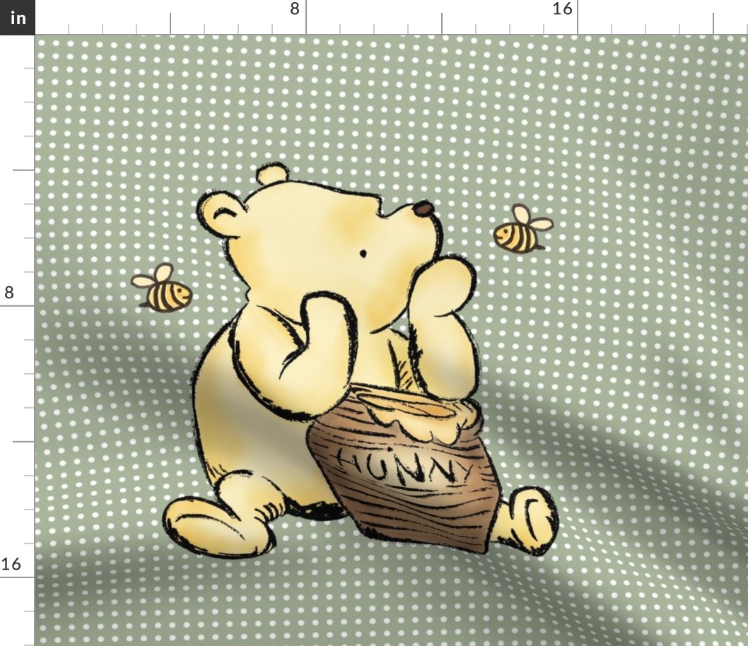 18x18 Panel Classic Pooh and Hunny Pot on Sage Green for DIY Throw Pillow Cushion Cover or Lovey