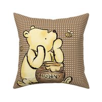 18x18 Panel Classic Pooh and Hunny Pot on Soft Brown for DIY Throw Pillow Cushion Cover or Lovey