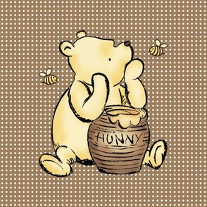 18x18 Panel Classic Pooh and Hunny Pot on Soft Brown for DIY Throw Pillow Cushion Cover or Lovey