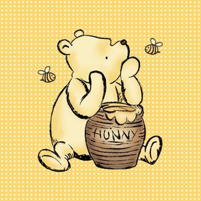 18x18 Panel Classic Pooh and Hunny Pot on Yellow Gold for DIY Throw Pillow Cushion Cover or Lovey