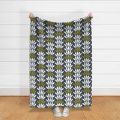 Burgeoning Blooms - Mid Century Modern Floral Geometric Steel Blue Olive Green Large Scale