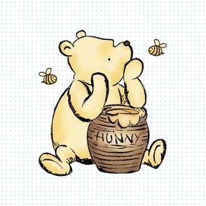 18x18 Panel Classic Pooh and Hunny Pot Pale Blue Dots on White for DIY Throw Pillow Cushion Cover or Lovey